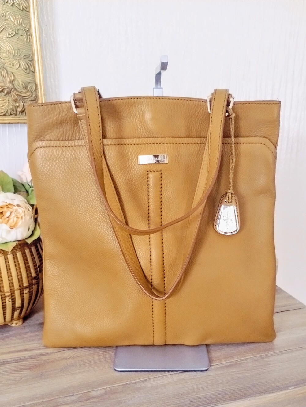 Cole Haan Tan Genuine Leather Tote with Orange Interior
